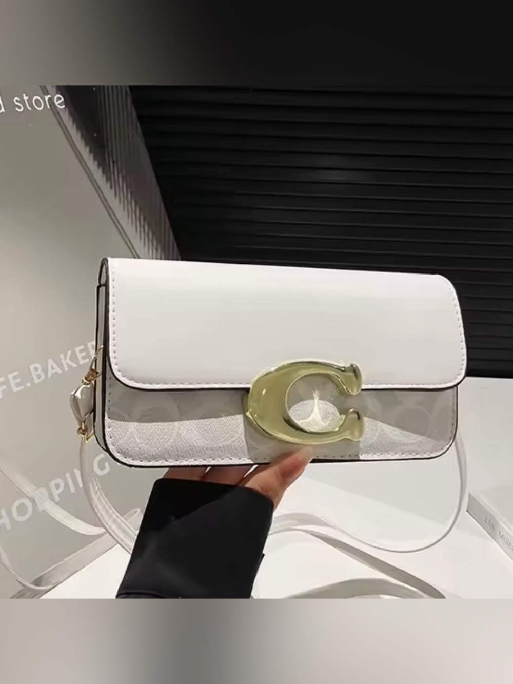 New designer inspired White Crossbody Bag with Gold C Logo Accent